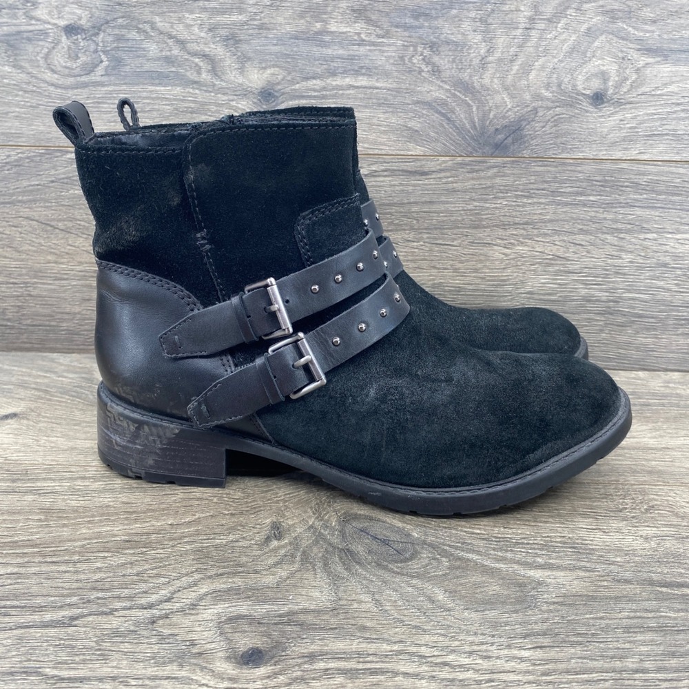 Clarks Ankle Moto Boots Womens 9.5 Black Studded Suede Leather Buckle Straps
